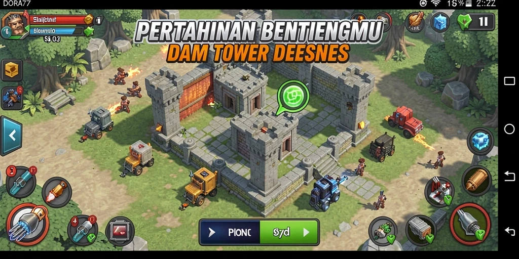 Tangkapan layar dari gameplay DORA77 menunjukkan menara bertahan melawan gelombang musuh.