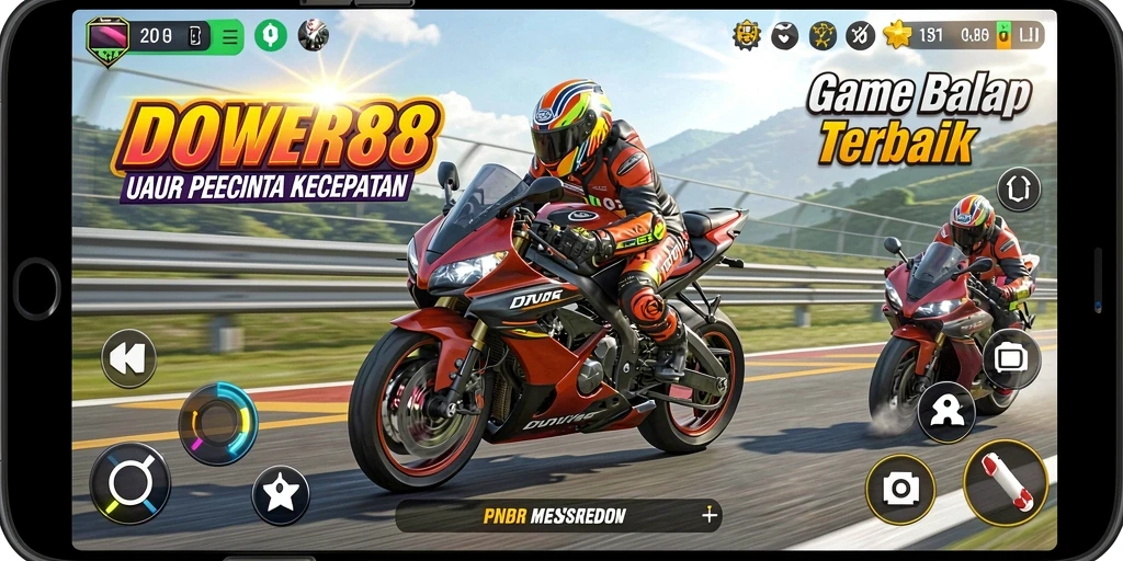 Tampilan gameplay DOWER88 yang seru dengan motor balap cepat.