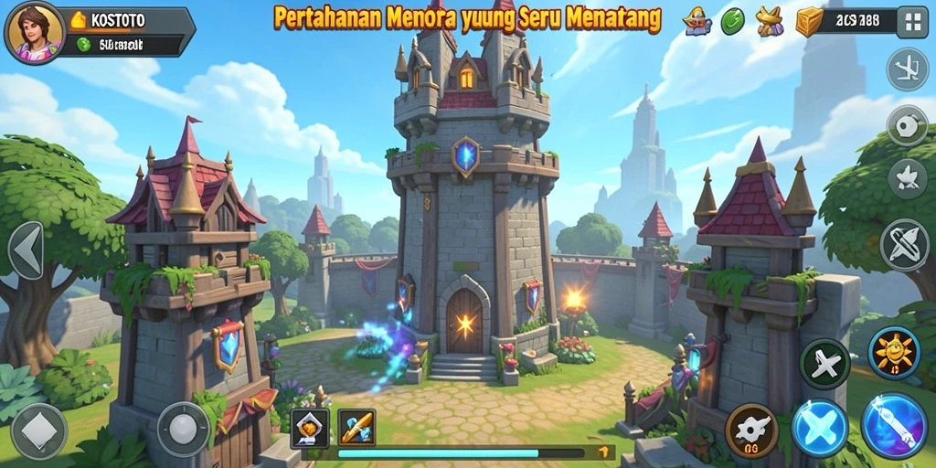Screenshot gameplay KOSTOTO menampilkan menara yang siap bertempur melawan musuh.