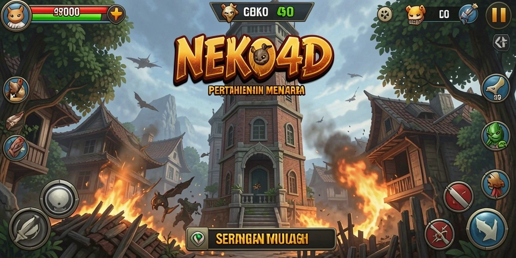 Tampilan gameplay NEKO4D dengan menara dan gelombang musuh di layar.