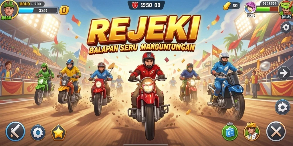 Tangkapan layar gameplay REJEKI menampilkan balapan mendebarkan di lintasan yang menantang.