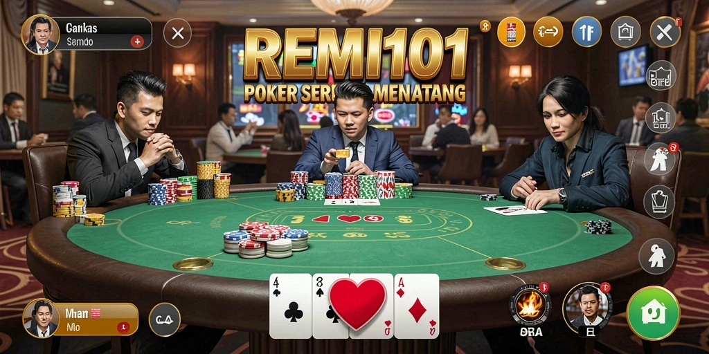 Screenshot gameplay utama REMI101 menampilkan aksi poker yang mendebarkan.